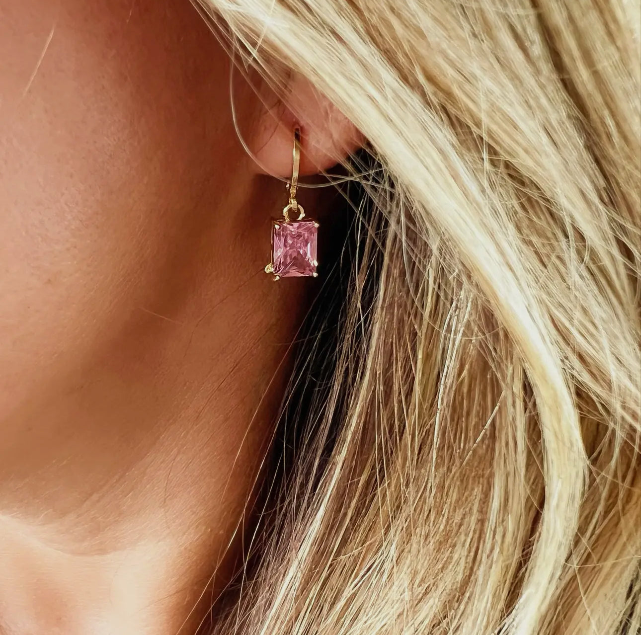 Arden Pink CZ Baguette Huggie Earrings